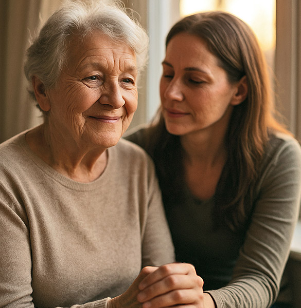 Emotionale Unterstützung in der Pflege: Tochter hält die Hand ihrer älteren Mutter.