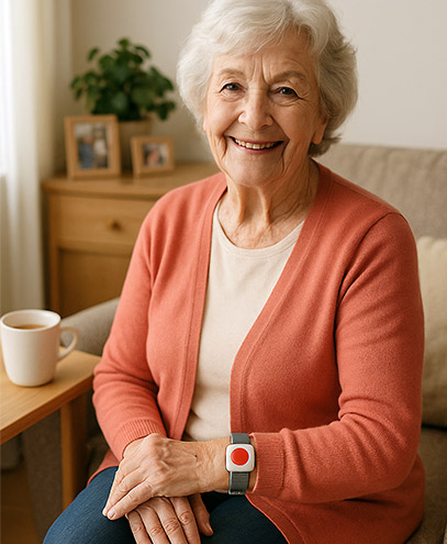 Seniorin mit Hausnotruf-Armband sitzt sicher zu Hause auf dem Sofa – Liora sorgt für Schutz und Selbstständigkeit im Alltag