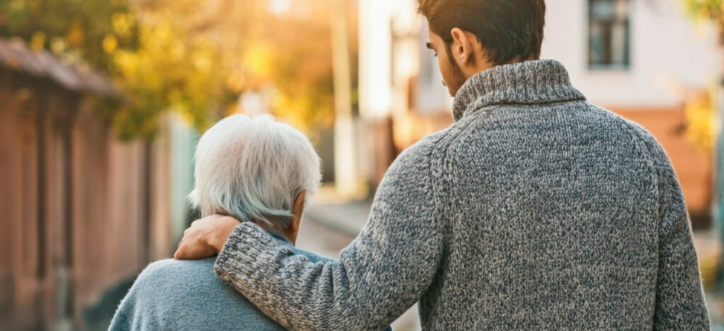 Enkel legt schützend den Arm um seine Großmutter beim Spaziergang – liebevolle Pflege und generationsübergreifende Nähe.